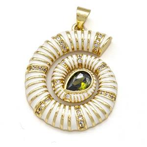 Nautilus Charms Copper Conch Shell Pendant Pave Zirconia White Enamel Gold Plated, approx 24-28mm [FN41308]