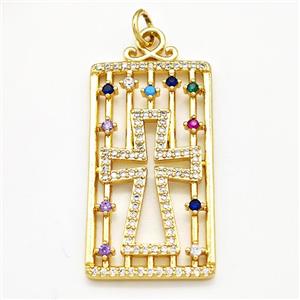 Copper Rectangle Pendant Pave Zircon Cross Gold Plated, approx 18-35mm [FN41309]