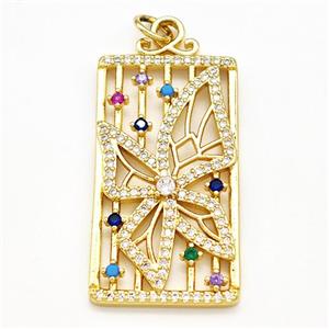 Copper Rectangle Pendant Pave Zircon Butterfly Gold Plated, approx 18-35mm [FN41312]