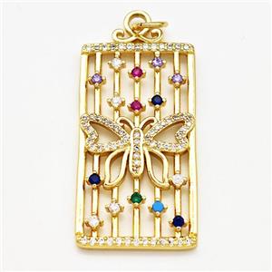 Copper Rectangle Pendant Pave Zircon Butterfly Gold Plated, approx 18-35mm [FN41316]