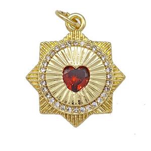 Red Heart Sun Charms Copper Pendant Pave Zircon Gold Plated, approx 18mm [FN41341]