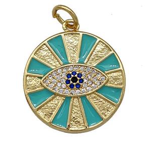 Copper Circle Eye Pendant Pave Zircon Green Enamel Gold Plated, approx 20mm [FN41360]