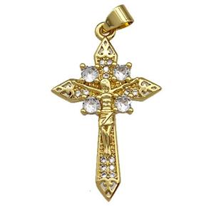 Jesus Charms Copper Crucifix Cross Pendant Pave Zircon Gold Plated, approx 20-30mm [FN41374]