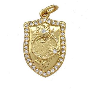 Shield Charms Copper Pendant Pave Zircon Sun Star Gold Plated, approx 12-17mm [FN41378]
