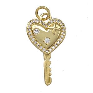 Copper Key Charms Pendant Pave Zirconia Gold Plated, approx 12.5-21mm [FN41385]