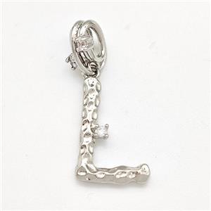 Copper Letter-L Pendant Pave Zircon Platinum Plated, approx 10-16mm, 5-8mm [FN41423]