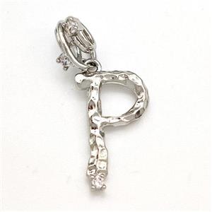 Copper Letter-P Pendant Pave Zircon Platinum Plated, approx 10-16mm, 5-8mm [FN41427]