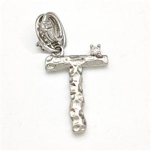 Copper Letter-T Pendant Pave Zircon Platinum Plated, approx 10-16mm, 5-8mm [FN41431]