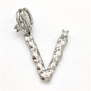 Copper Letter-V Pendant Pave Zircon Platinum Plated, approx 10-16mm, 5-8mm [FN41433]