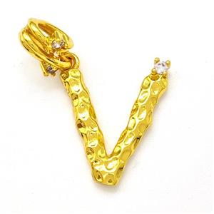 Copper Letter-V Pendant Pave Zircon Gold Plated, approx 10-16mm, 5-8mm [FN41460]