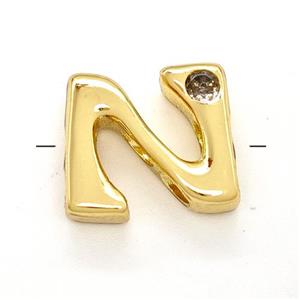 Copper Letter-N Beads Pave Zircon Gold Plated, approx 6-12mm [FN41503]