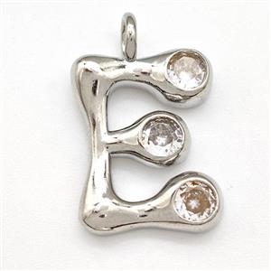 Copper Letter-E Pendant Pave Zircon Platinum Plated, approx 15-18mm [FN41516]