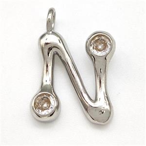 Copper Letter-N Pendant Pave Zircon Platinum Plated, approx 15-18mm [FN41522]