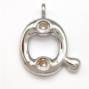 Copper Letter-Q Pendant Pave Zircon Platinum Plated, approx 15-18mm [FN41525]