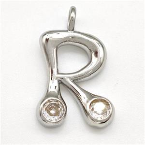 Copper Letter-R Pendant Pave Zircon Platinum Plated, approx 15-18mm [FN41526]