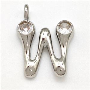 Copper Letter-W Pendant Pave Zircon Platinum Plated, approx 15-18mm [FN41530]