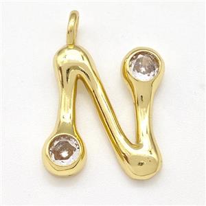 Copper Letter-N Pendant Pave Zircon Gold Plated, approx 15-18mm [FN41543]