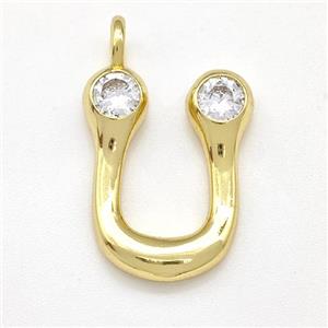 Copper Letter-U Pendant Pave Zircon Gold Plated, approx 15-18mm [FN41549]