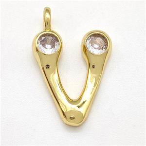 Copper Letter-V Pendant Pave Zircon Gold Plated, approx 15-18mm [FN41550]
