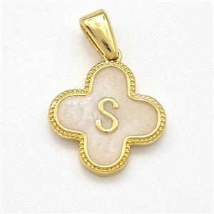 Copper Clover Pendant Letter-S Painted Gold Plated, approx 15mm [FN41574]