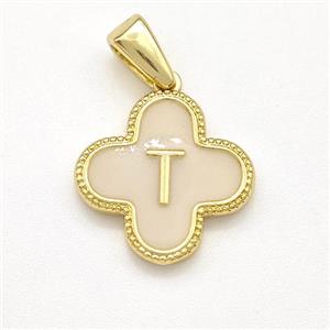 Copper Clover Pendant Letter-T Painted Gold Plated, approx 15mm [FN41575]