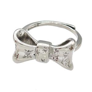 Copper Bow Rings Micro Pave Zirconia Adjustable Platinum Plated, approx 11-20mm, 18mm dia [FN41605]