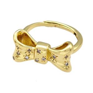 Copper Bow Rings Micro Pave Zirconia Adjustable Gold Plated, approx 11-20mm, 18mm dia [FN41606]