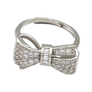 Copper Bow Rings Micro Pave Zirconia Adjustable Platinum Plated, approx 10-20mm, 18mm dia [FN41607]