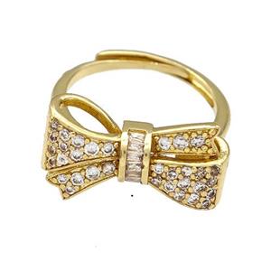 Copper Bow Rings Micro Pave Zirconia Adjustable Gold Plated, approx 10-20mm, 18mm dia [FN41608]