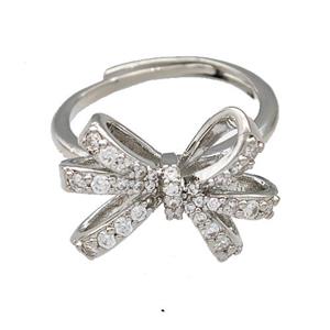 Copper Bow Rings Micro Pave Zirconia Adjustable Platinum Plated, approx 14-19mm, 18mm dia [FN41609]