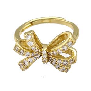 Copper Bow Rings Micro Pave Zirconia Adjustable Gold Plated, approx 14-19mm, 18mm dia [FN41610]