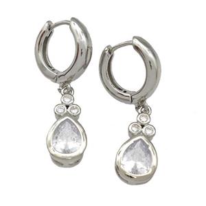 Copper Hoop Earrings Pave Zircon Teardrop Platinum Plated, approx 8.5-16mm, 15mm dia [FN41656]