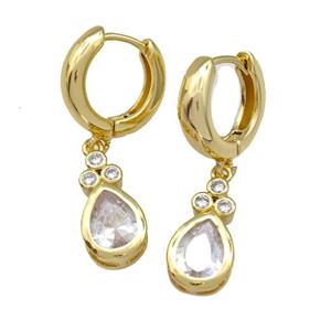 Copper Hoop Earrings Pave Zircon Teardrop Gold Plated, approx 8.5-16mm, 15mm dia [FN41657]