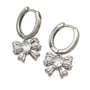 Copper Bow Hoop Earrings Pave Zircon Platinum Plated, approx 12mm, 14mm dia [FN41666]