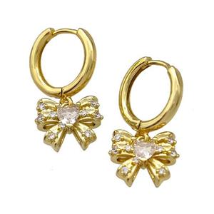 Copper Bow Hoop Earrings Pave Zircon Gold Plated, approx 12mm, 14mm dia [FN41667]