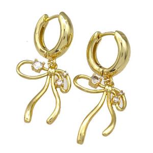 Copper Bow Hoop Earrings Pave Zircon Gold Plated, approx 18-20mm, 15mm dia [FN41669]