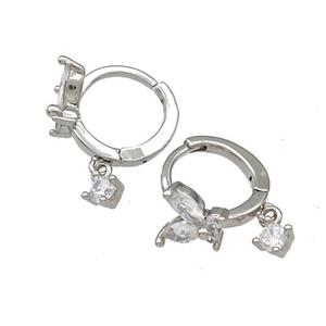 Copper Butterfly Hoop Earrings Pave Zircon Platinum Plated, approx 3mm, 8mm, 12mm dia [FN41670]