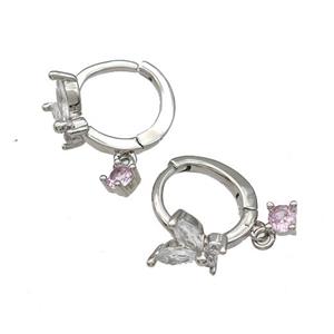 Copper Butterfly Hoop Earrings Pave Zircon Platinum Plated, approx 3mm, 8mm, 12mm dia [FN41671]