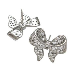 Copper Bow Stud Earrings Pave Zircon Platinum Plated, approx 14-20mm [FN41688]