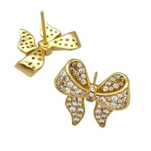 Copper Bow Stud Earrings Pave Zircon Gold Plated, approx 14-20mm [FN41689]