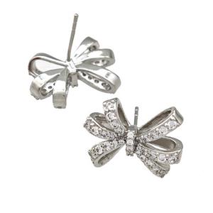 Copper Bow Stud Earrings Pave Zircon Platinum Plated, approx 14-19mm [FN41690]