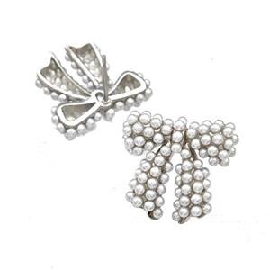 Copper Bow Stud Earrings Micro Pave Pearlized Resin Platinum Plated, approx 21mm [FN41703]