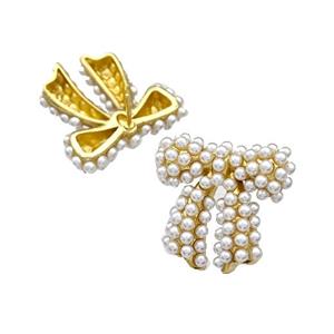 Copper Bow Stud Earrings Micro Pave Pearlized Resin Gold Plated, approx 21mm [FN41704]