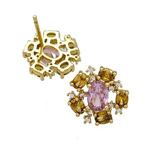 Copper Stud Earrings Pave Zircon Flower Gold Plated, approx 14mm [FN41706]