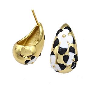 Copper Teardrop Stud Earrings Black White Enamel Hollow Gold Plated, approx 11.5-20mm [FN41709]
