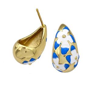 Copper Teardrop Stud Earrings Blue White Enamel Hollow Gold Plated, approx 11.5-20mm [FN41711]