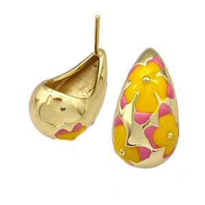 Copper Teardrop Stud Earrings Yellow Pink Enamel Hollow Gold Plated, approx 11.5-20mm [FN41712]
