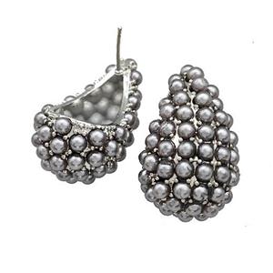 Copper Teardrop Stud Earrings Micro Pave Pearlized Resin Hollow Platinum Plated, approx 16-28mm [FN41713]