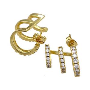 Copper Stud Earrings Pave Zirconia Gold Plated, approx 13-21mm [FN41716]