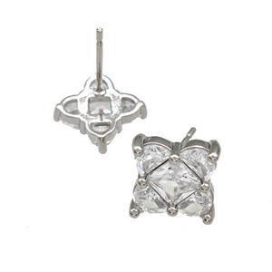 Copper Stud Earrings Micro Pave Zirconia Flower Platinum Plated, approx 9mm [FN41719-9MM]